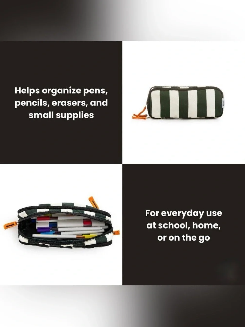 Yoobi Triple Zip Pouch - Green/Cream Stripe